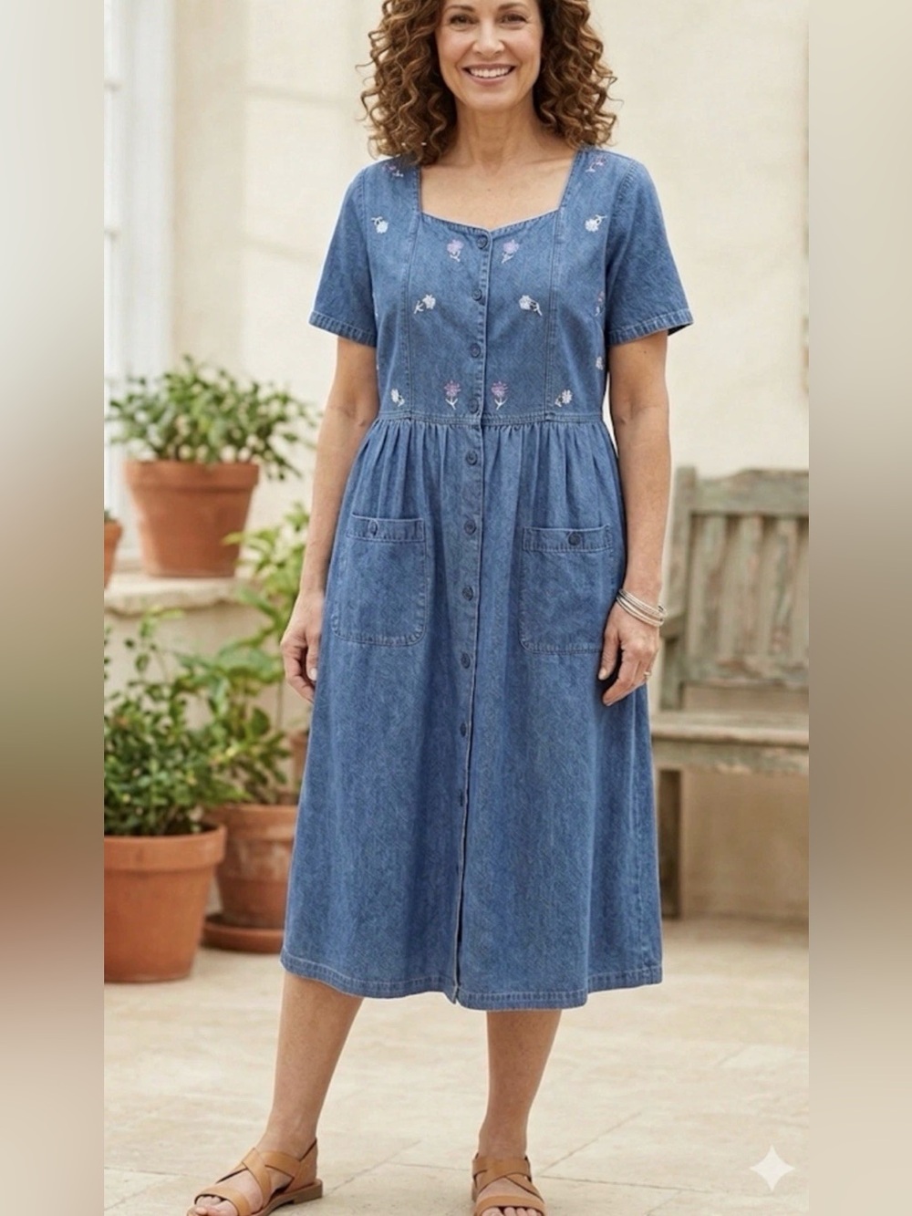 Blue Denim Button-Front Midi Dress with Pockets
